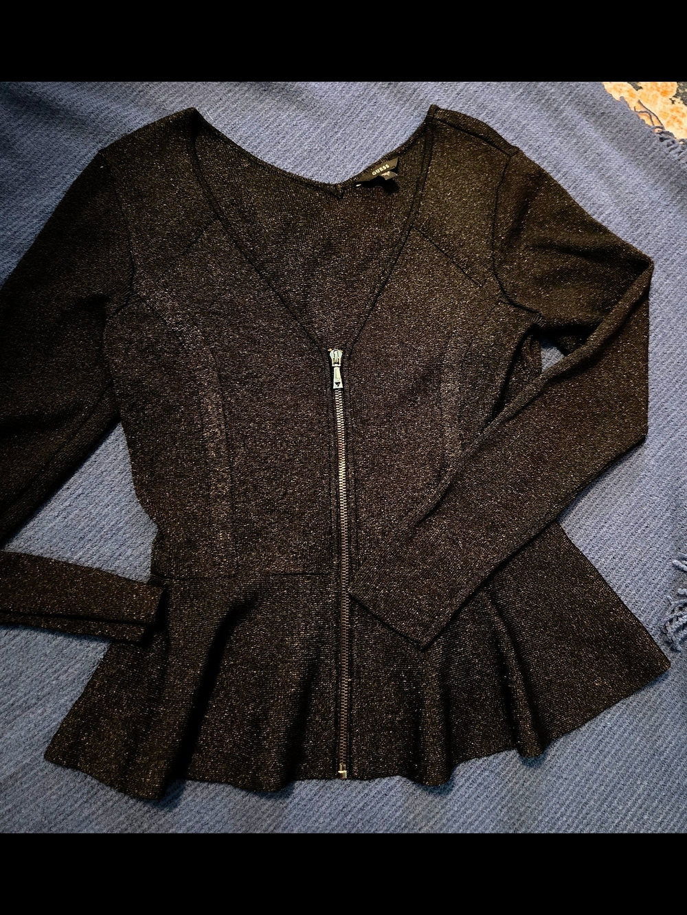 Guess Brand Black Glitter Peplum Zip Jacket